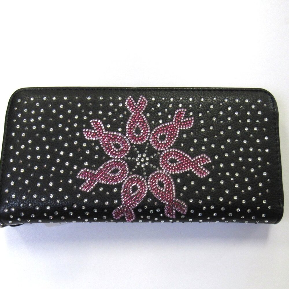 Pink Ribbon Breast Cancer Awareness Rhinestone Crystal Stone Sparkle Wallet NEW